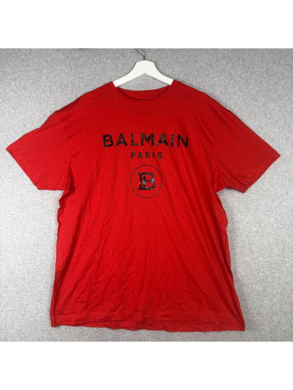 BALMAIN PARIS Logo T-Shirt Unisex Red Cotton Size Large Cotton